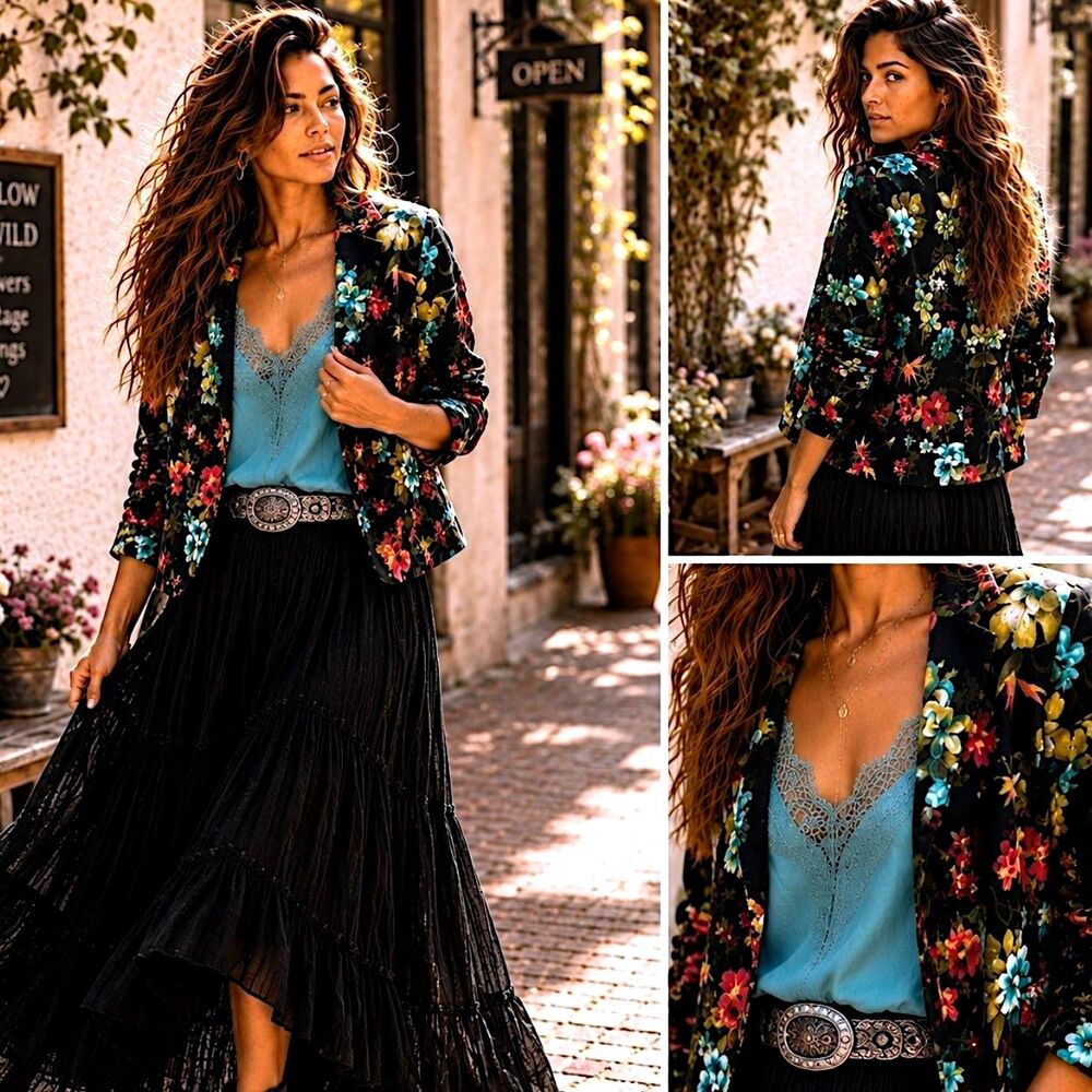 Black Floral Blazer L One Button Jacket 3/4 Sleeve Career Office Dark Romantic